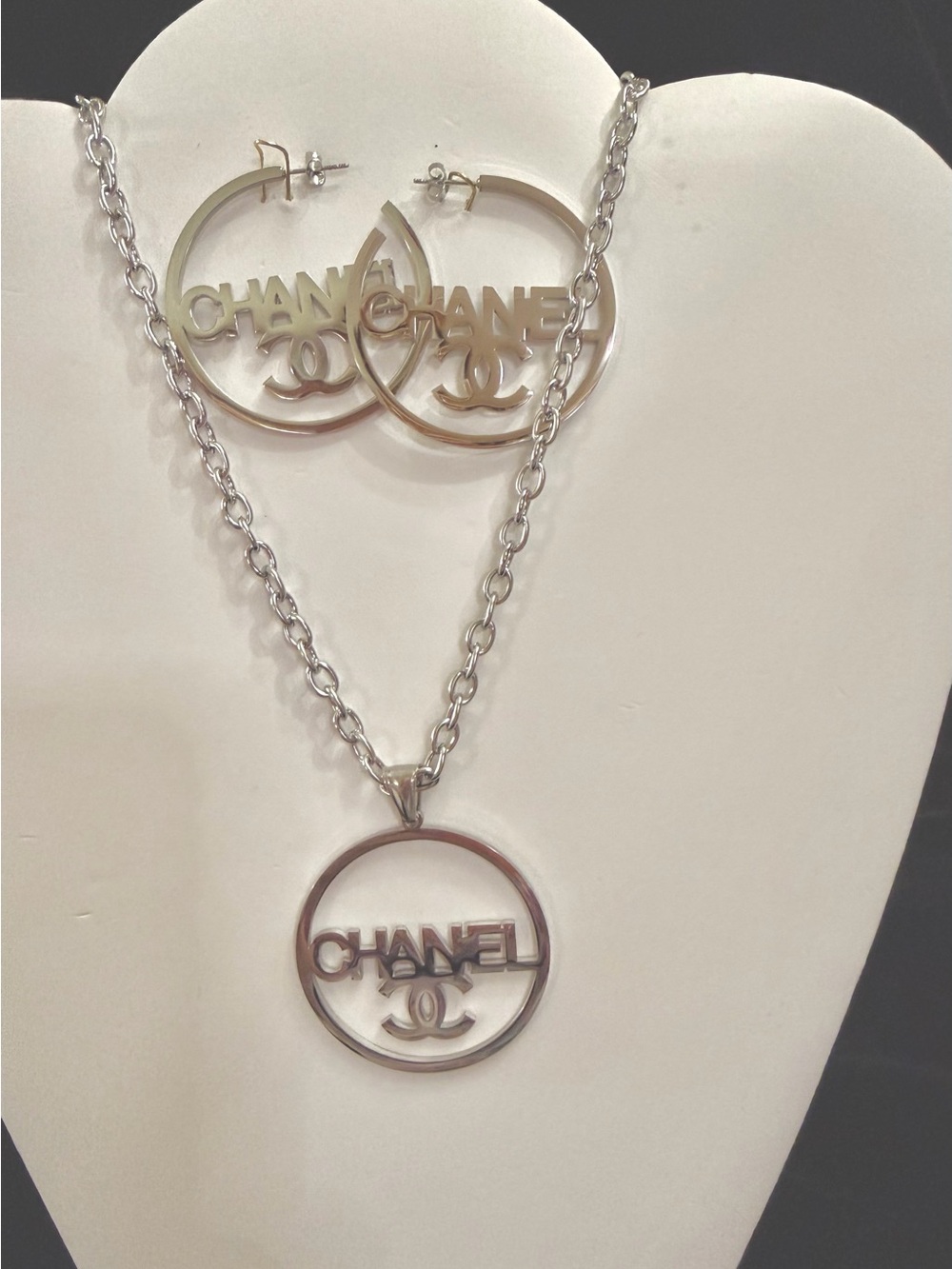 Silver Logo Pendant Necklace with Matching Hoop Earrings